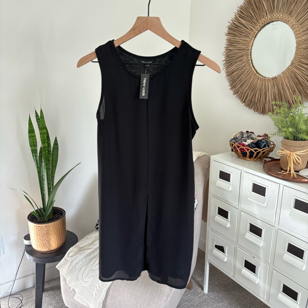 NWT New Look Sheer Black Split Front Sleeveless Tunic Top Blouse US 4 / UK 8